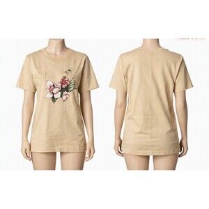 York Floral T-Shirt Womens Medium Pink Roses w/ Gold Thread Embroidery Feminine
